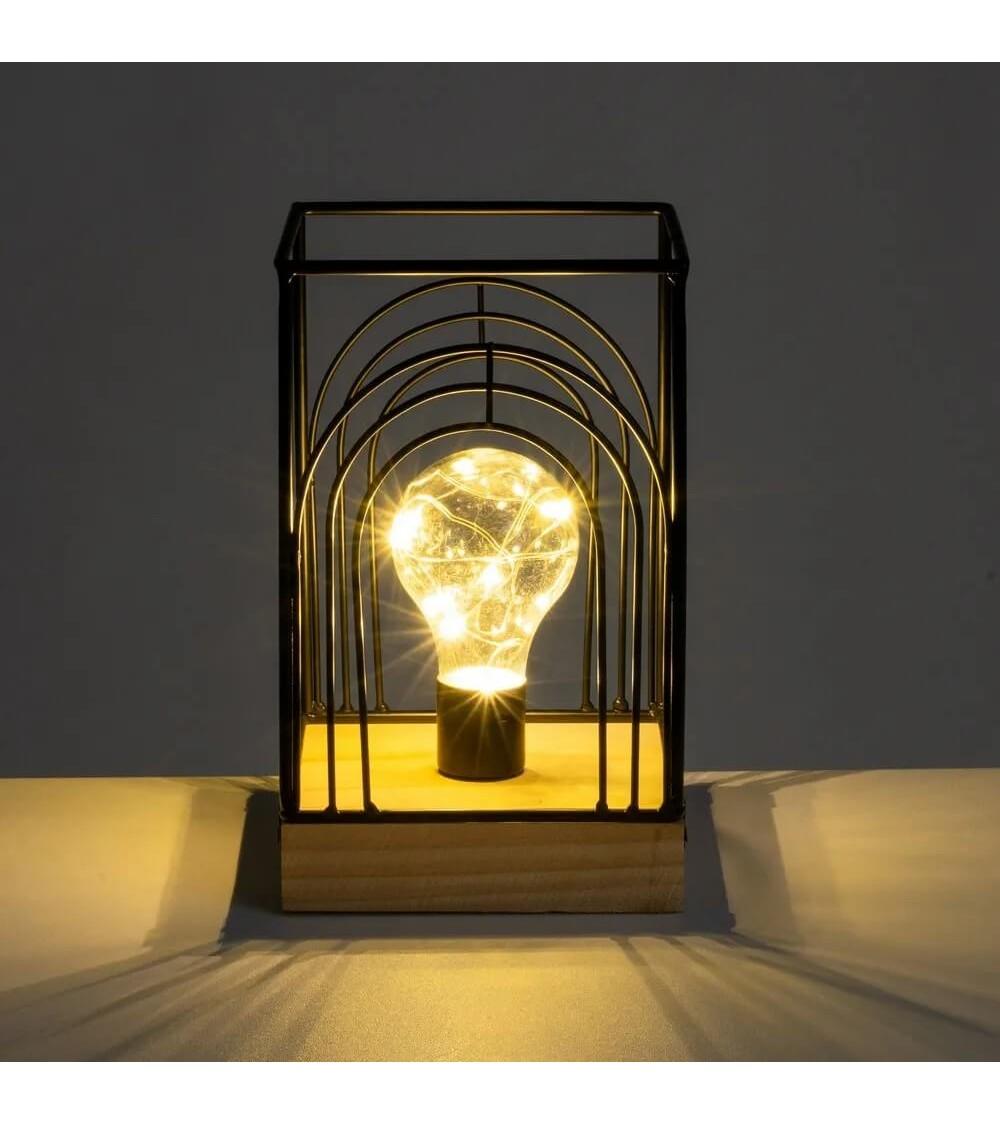 Dcasa Lámpara De Mesa Decorativa A Pilas Cuadrada De Metal Negro Y Madera De 12x12x20 Cm