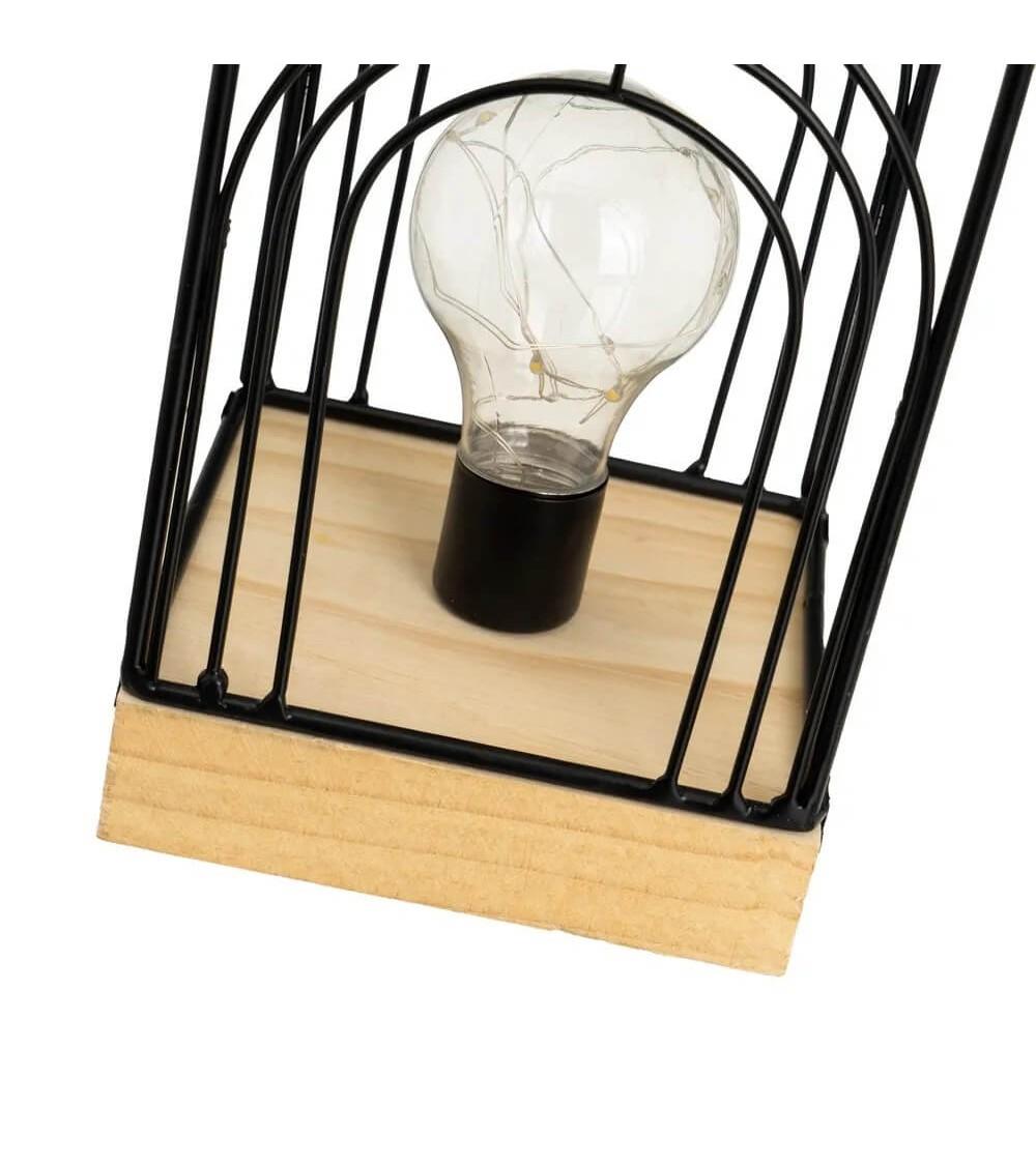 Dcasa Lámpara De Mesa Decorativa A Pilas Cuadrada De Metal Negro Y Madera De 12x12x20 Cm