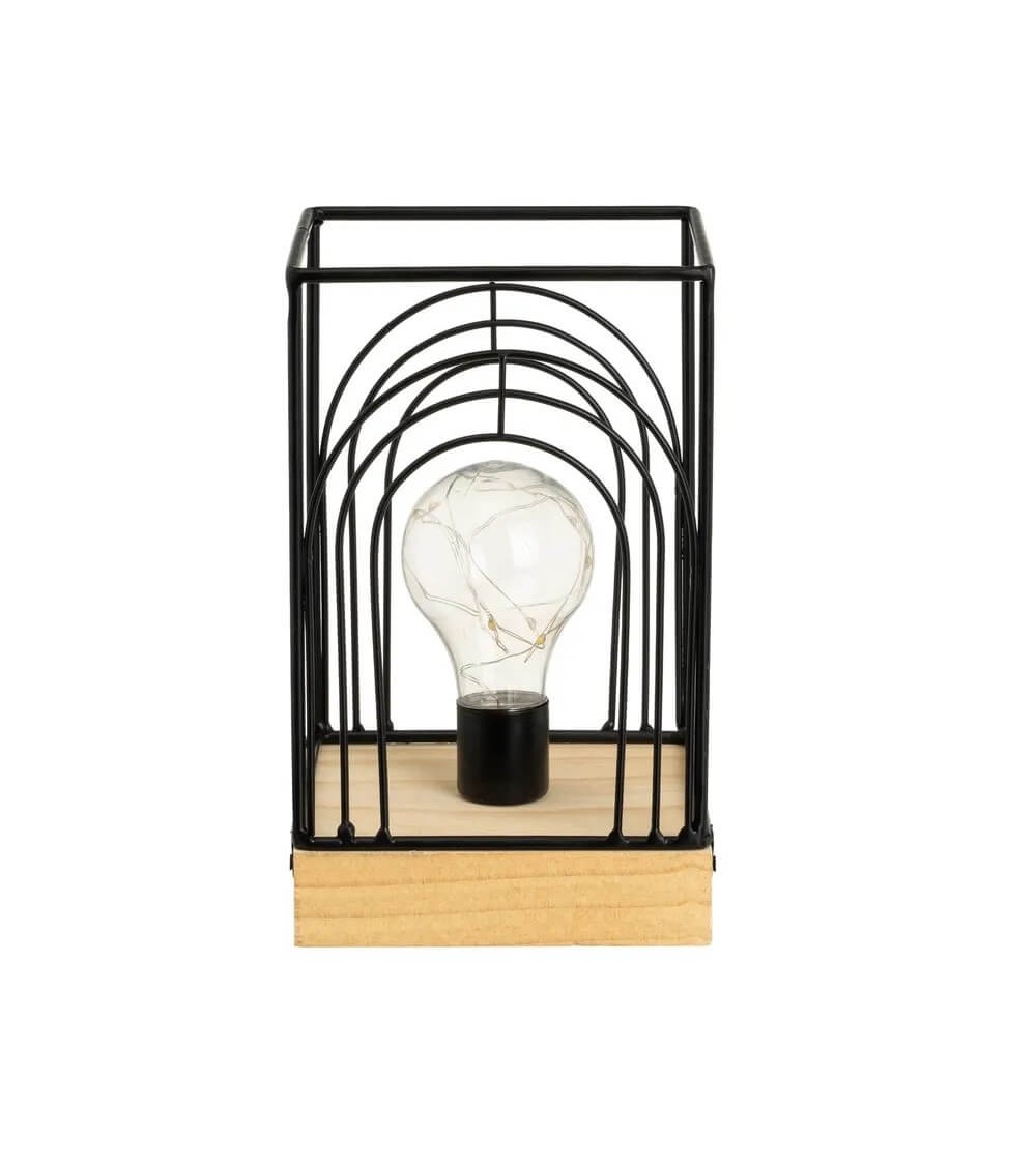 Dcasa Lámpara de mesa decorativa a pilas cuadrada de metal negro y madera de 12x12x20 cm