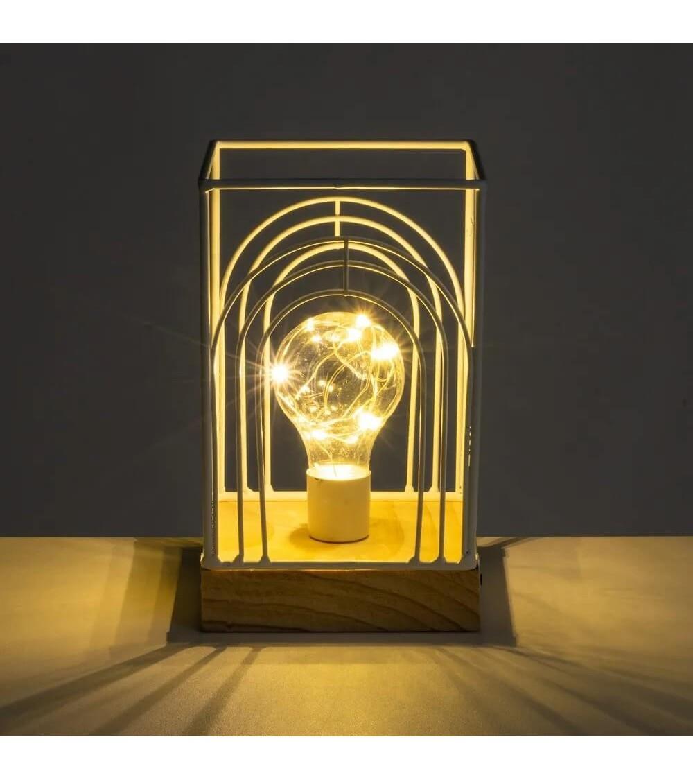 Dcasa Lámpara De Mesa Decorativa A Pilas Cuadrada Metal Blanco Y Madera De 12x12x20 Cm