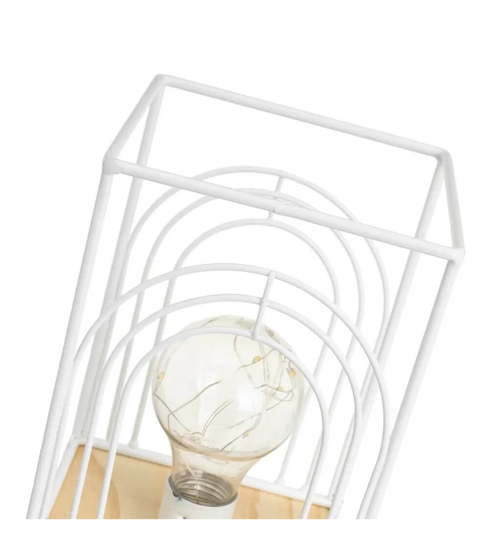Dcasa Lámpara De Mesa Decorativa A Pilas Cuadrada Metal Blanco Y Madera De 12x12x20 Cm