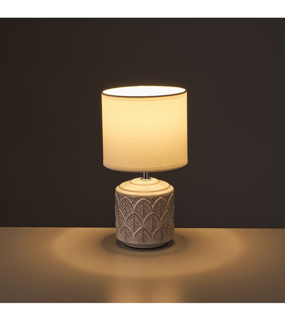 Dcasa Lámpara De Mesa Grabada Con Hojas De Cerámica Blanca Y Beige De Ø 15x28 Cm