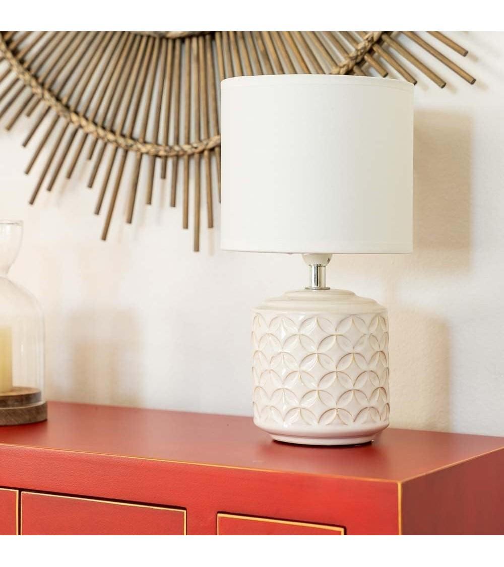 Dcasa Lámpara Para Mesita De Noche Con Base Cerámica Grabada Y Pantalla De Lino