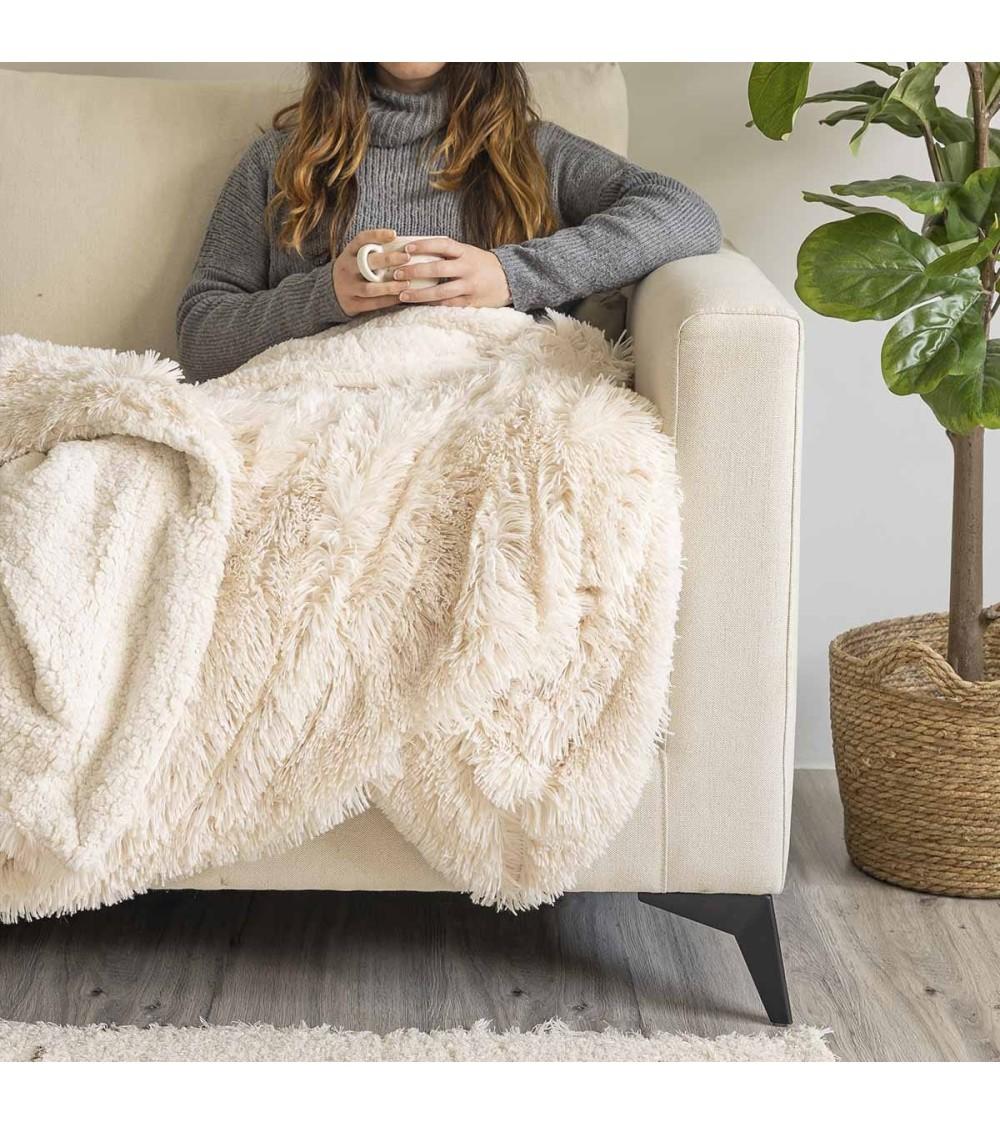 Dcasa Manta Beige Para Sofá De Pelo Largo Y Sherpa De 160x220 Cm