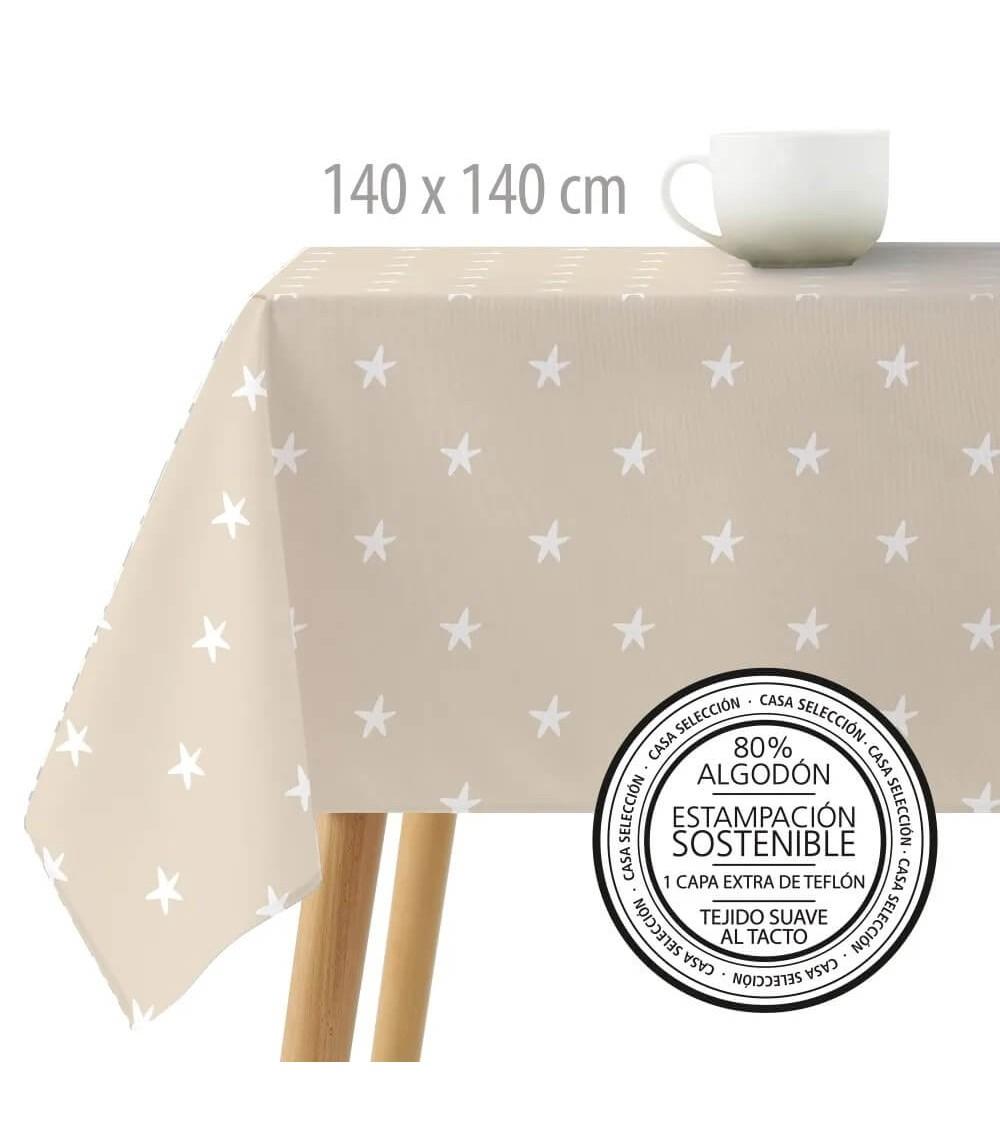 Dcasa Mantel resinado antimanchas de estrellas beige de tela de 140x140 cm