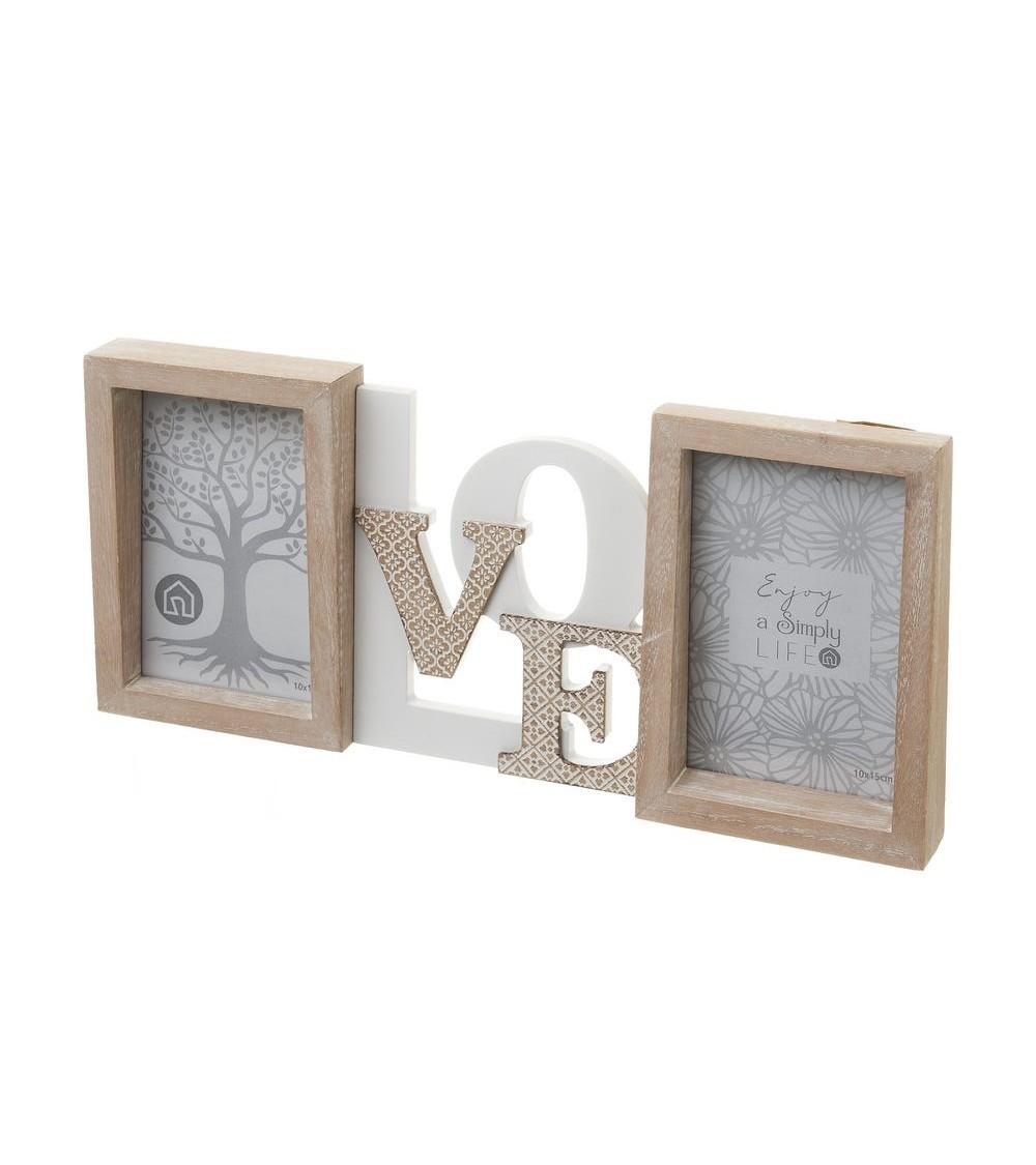 Dcasa Marco de fotos doble Love blanco y natural de madera de paulonia de 36x16 cm