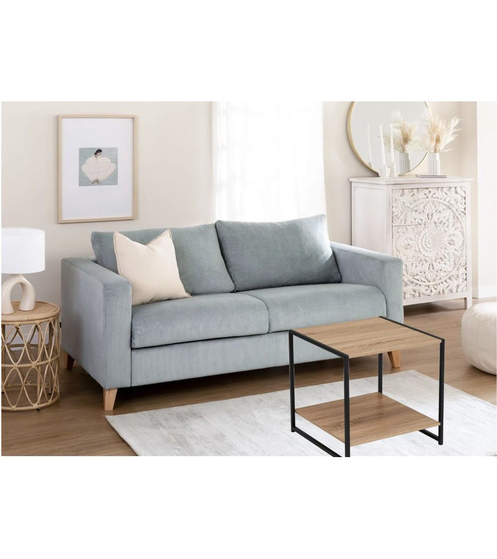 Dcasa Mesa Auxiliar Cubo De Metal Y MDF Negra Y Natural De 50x50x50 Cm