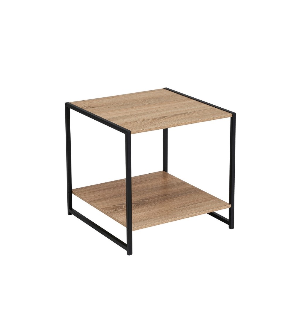 Dcasa Mesa auxiliar cubo de metal y MDF negra y natural de 50x50x50 cm