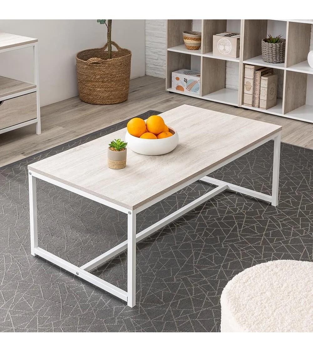 Dcasa Mesa De Centro De Acero Y Madera MDF En Blanco Y Natural De 100x50x36 Cm