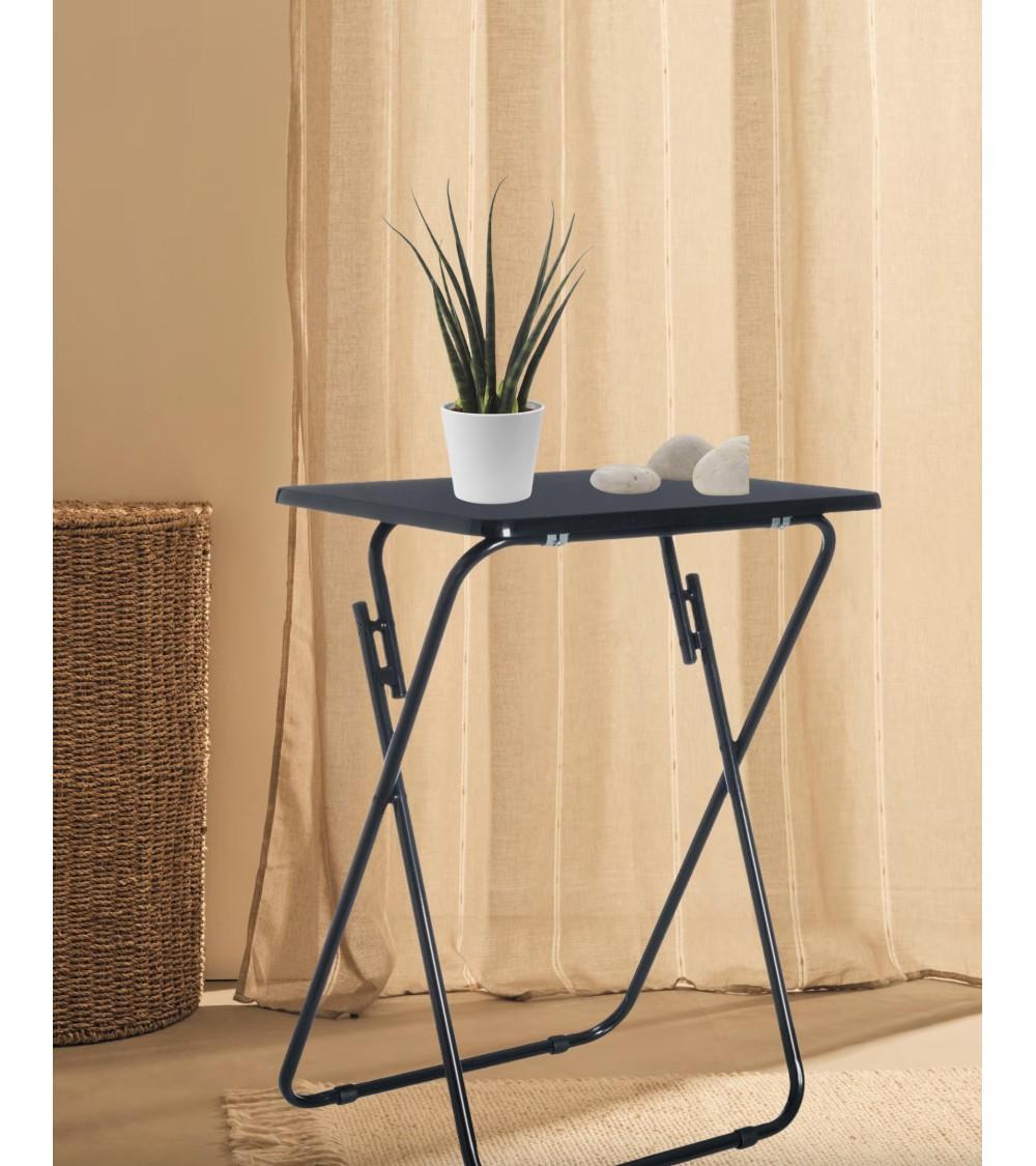 Dcasa Mesita Auxiliar Plegable De Metal Y Madera DM Negra De 48x38x66 Cm