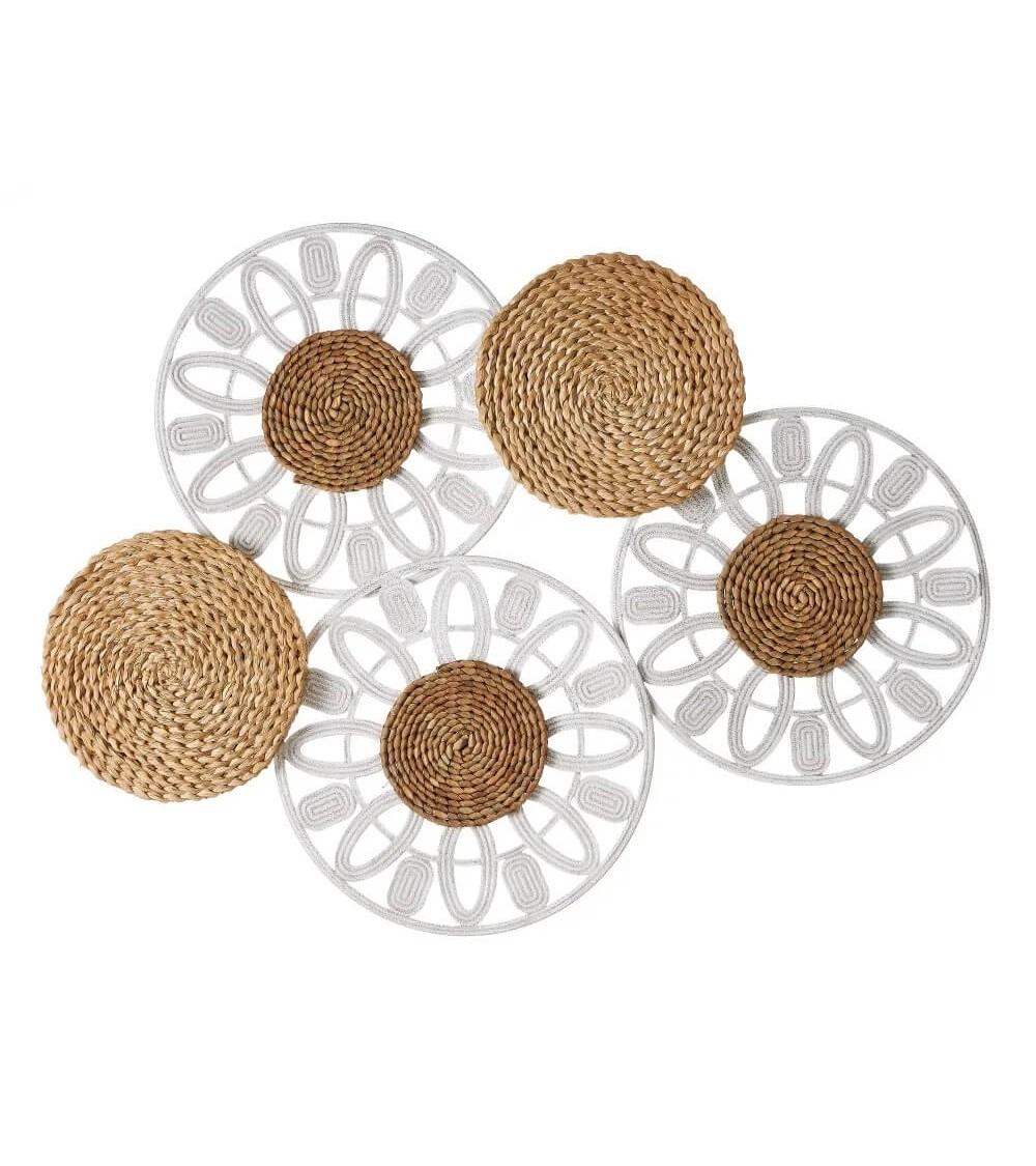 Dcasa Mural de flores de hierro y fibra natural blanco de 87x68 cm