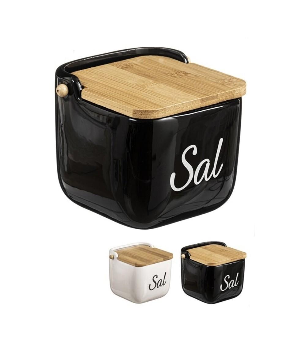 Dcasa Pack 2 Salero con tapa de bambú y cerámica blanco y negro de 11x11x9 cm