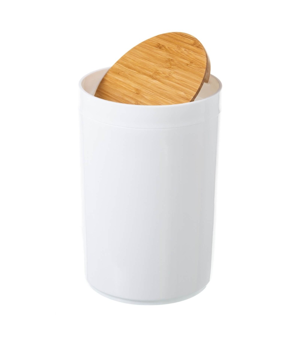 Dcasa Papelera Blanco Poliestireno Con Tapa De Bambú. Capacidad De 5 Litros