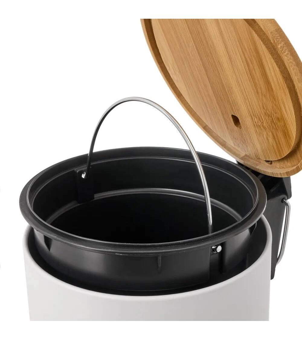 Dcasa Papelera De Pedal Blanca De Bambú Y Metal De 3 Litros