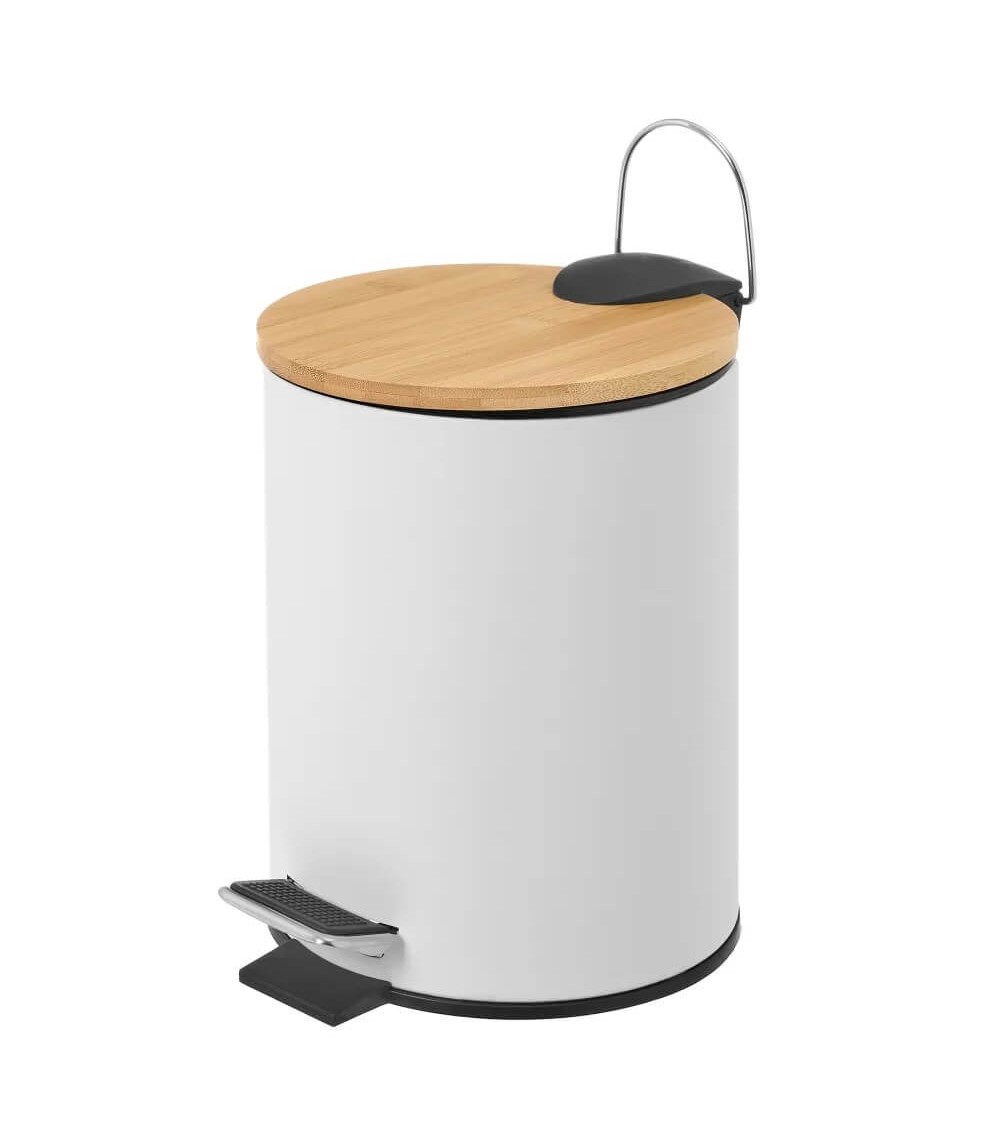Dcasa Papelera de pedal blanca de bambú y metal de 3 litros