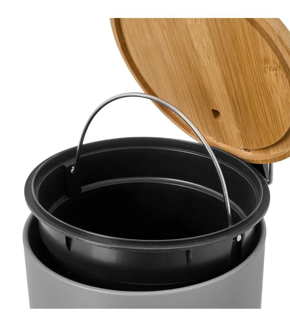 Dcasa Papelera De Pedal Gris De Bambú Y Metal De 3 Litros