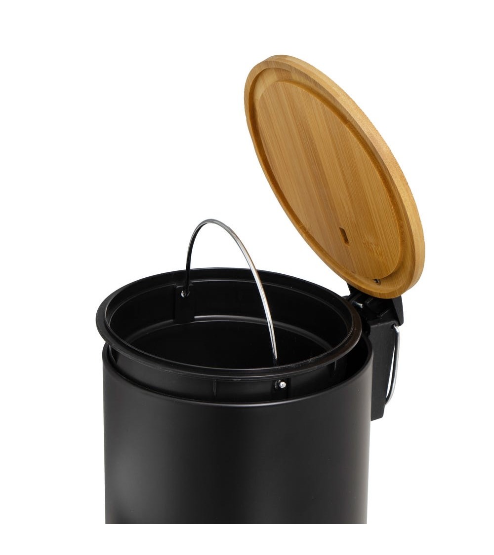 Dcasa Papelera De Pedal Negro De Bambú Y Metal De 3 Litros