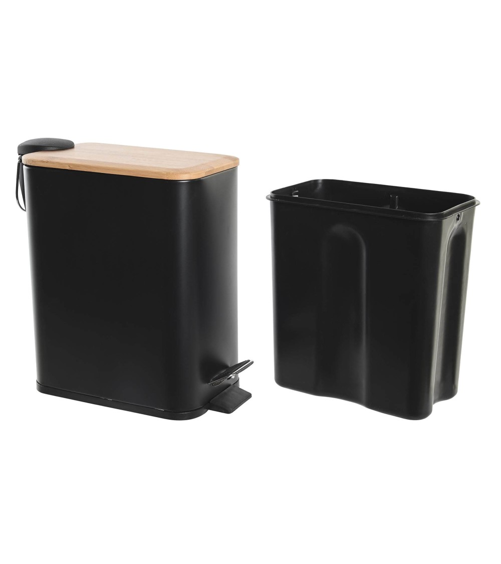 Dcasa Papelera Negro Industrial De Metal Con Tapa De Bambu Natural De 5L