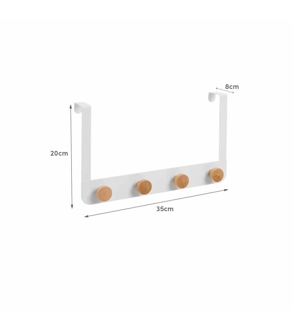 Dcasa Percha De Puerta Con 4 Colgadores Blanca De Metal Y Madera De 35x8x20 Cm