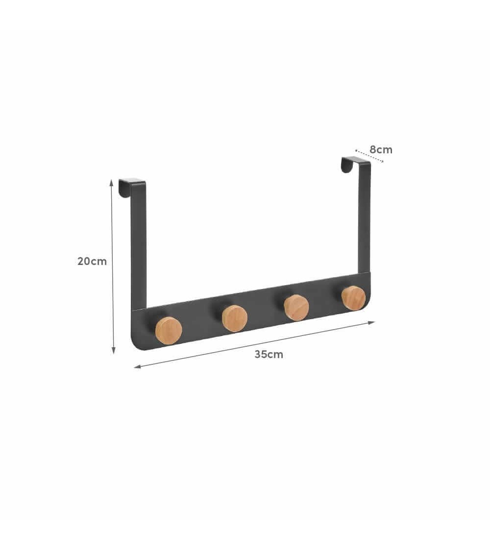 Dcasa Percha De Puerta Con 4 Colgadores Negra De Metal Y Madera De 35x8x20 Cm