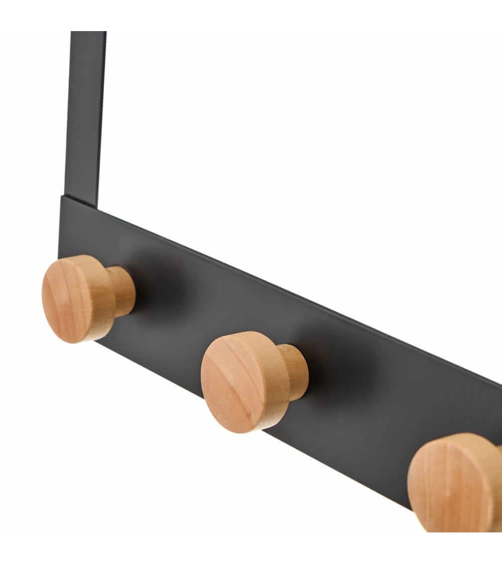Dcasa Percha De Puerta Con 4 Colgadores Negra De Metal Y Madera De 35x8x20 Cm