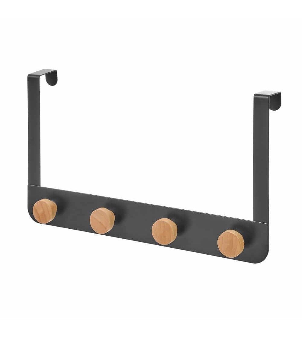Dcasa Percha de puerta con 4 colgadores negra de metal y madera de 35x8x20 cm