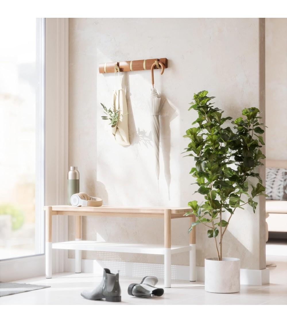 Dcasa Perchero De Pared Con 5 Ganchos Plegable Color Nogal Claro Y Dorado