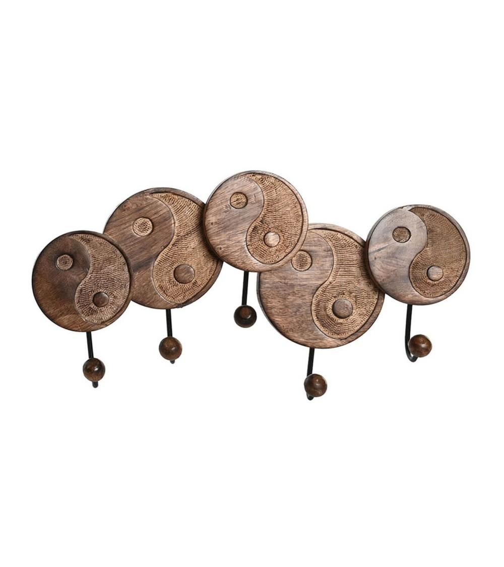 Dcasa Perchero de pared fengshui Ying-Yang de madera marron 5 colgadores