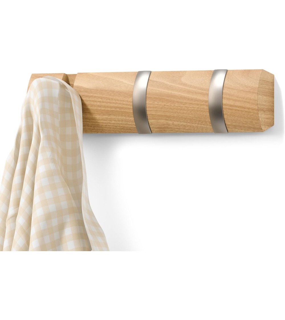 Dcasa Perchero De Pared Flip Madera Natural Alamo 3 Ganchos Plegable