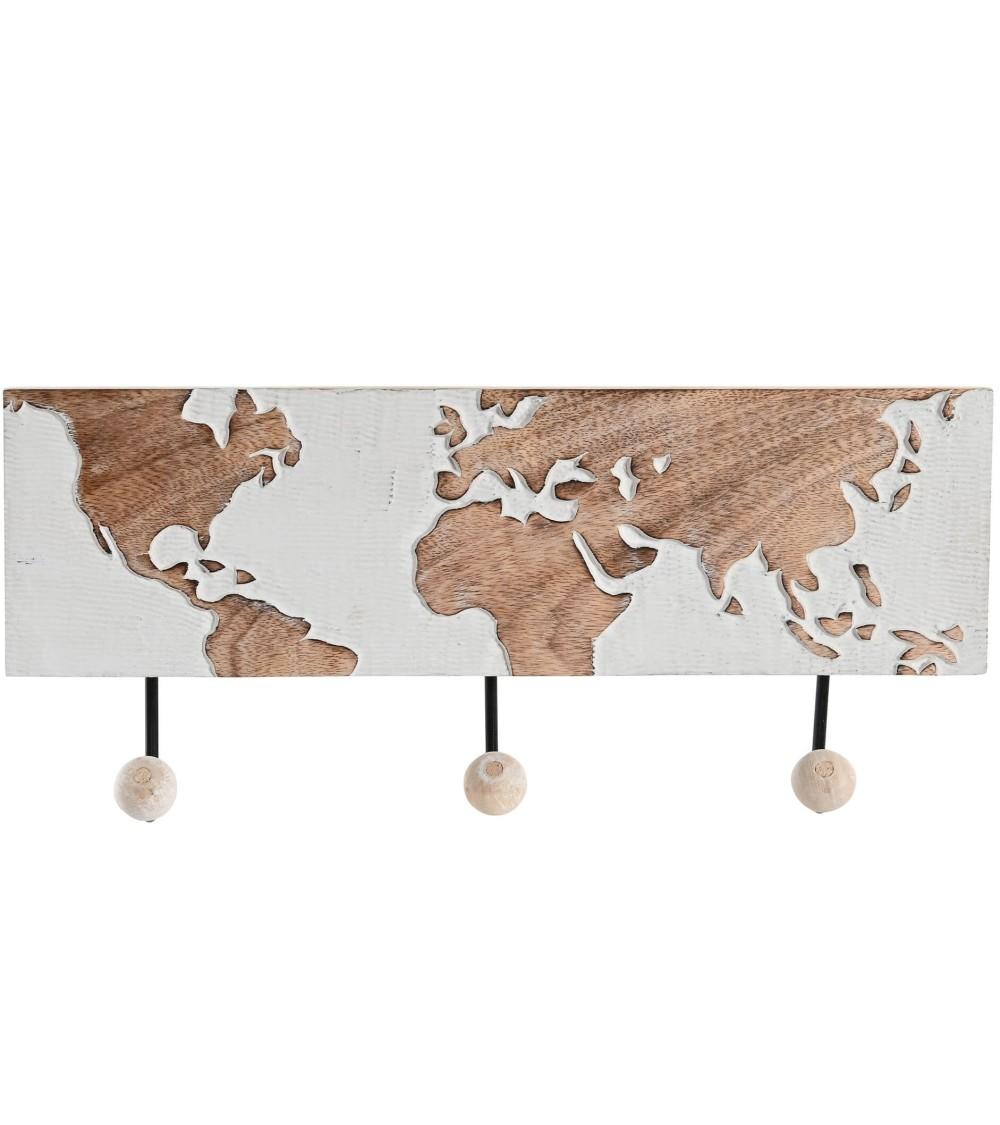 Dcasa Perchero de pared madera mango tallado mapamundo con 3 colgadores fuerte ganchos de metal