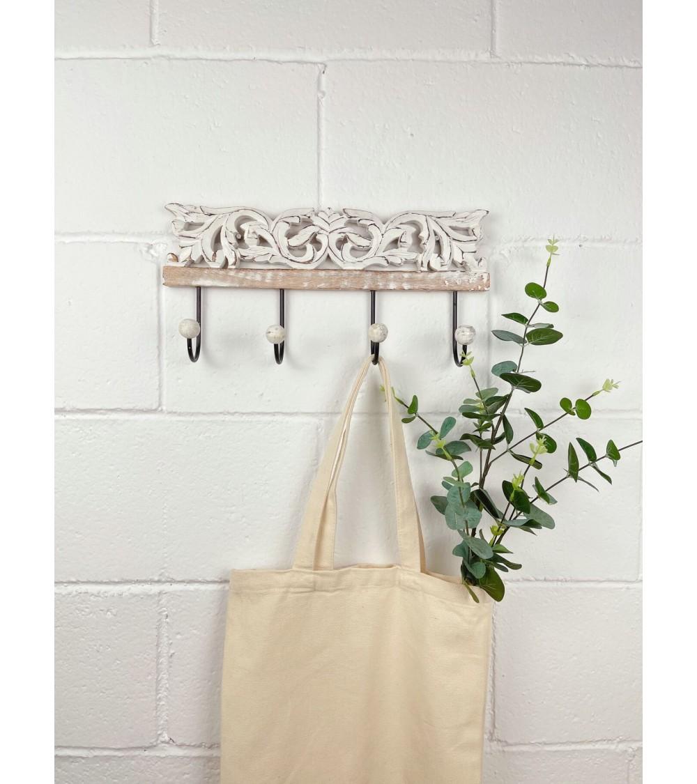 Dcasa Perchero De Pared Mango Madera Tallado Metal 4 Colgadores
