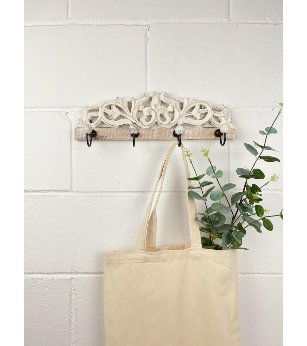 Dcasa Perchero De Pared Mango Madera Tallado Metal 4 Colgadores
