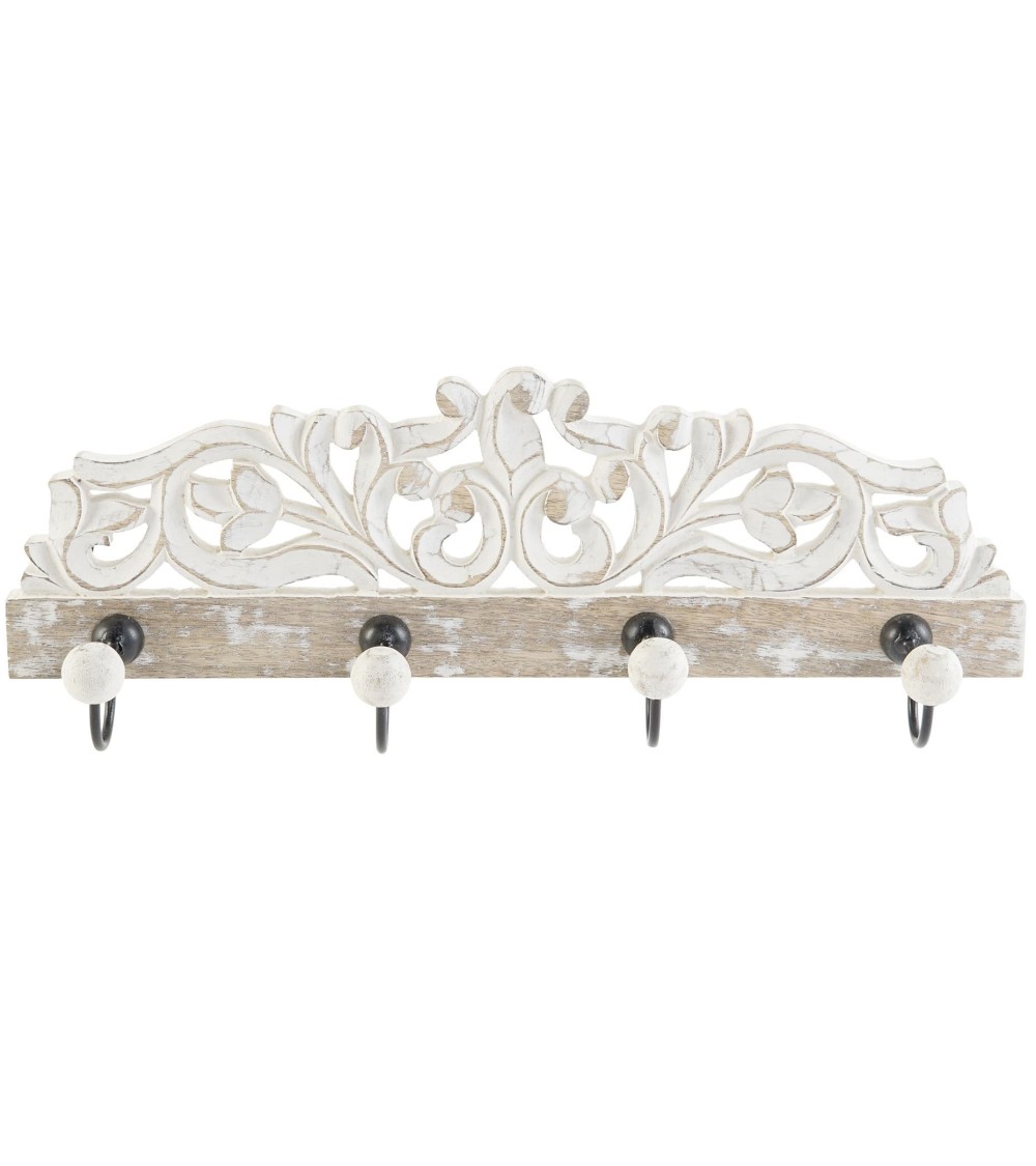 Dcasa Perchero de pared mango madera tallado metal 4 colgadores