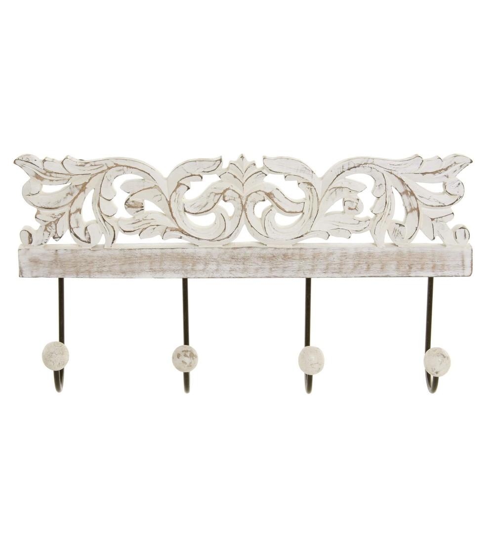 Dcasa Perchero de pared mango madera tallado metal 4 colgadores