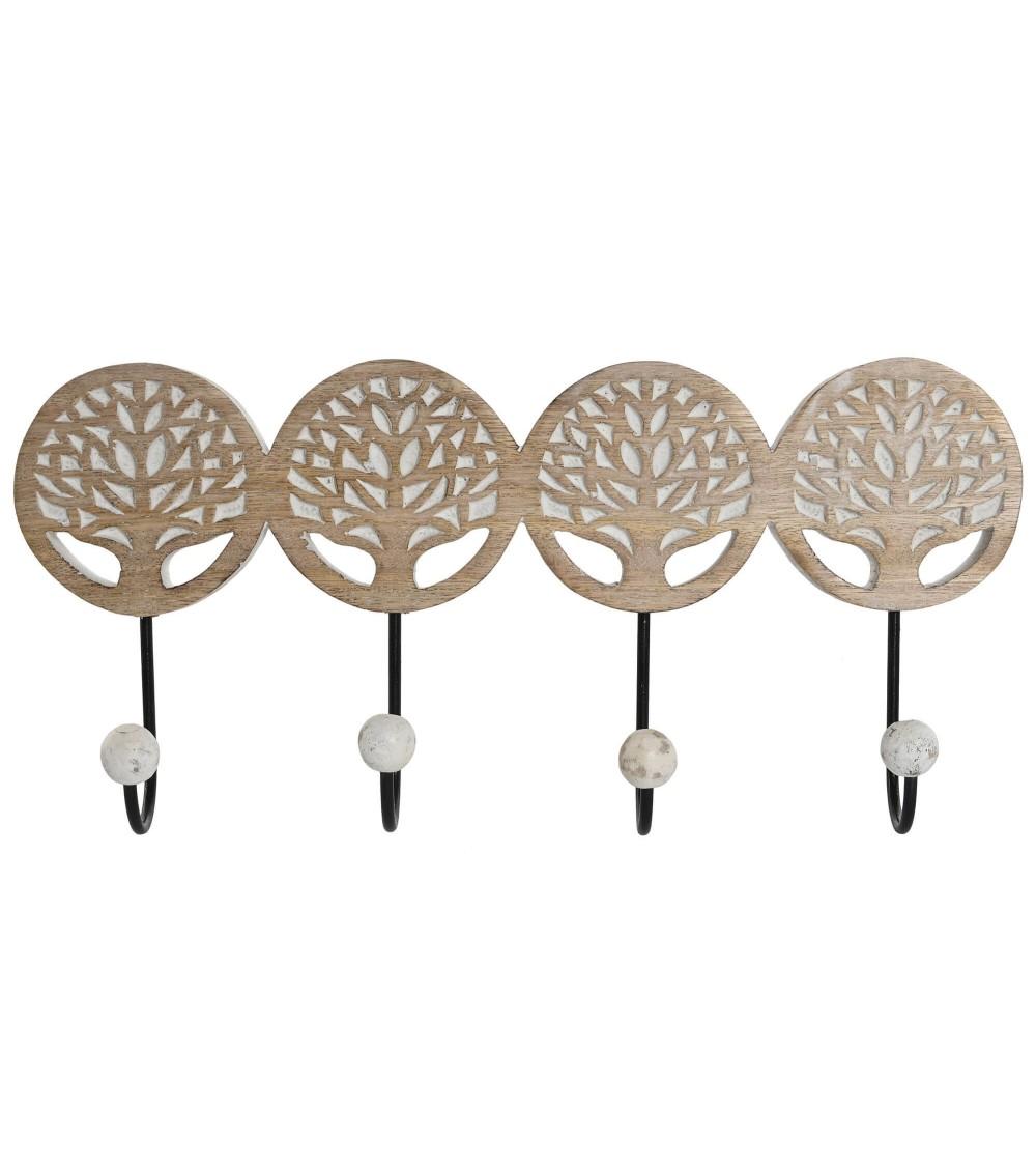 Dcasa Perchero de pared mango tallado a mano Arbol de La Vida 4 colgadores metal