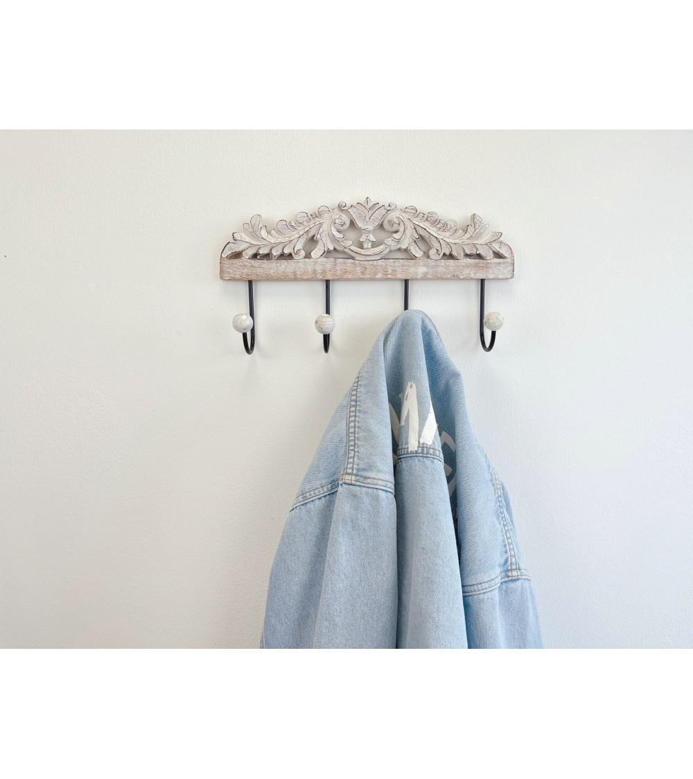 Dcasa Perchero De Pared Mango Tallado A Mano Decape Blanco 4 Colgadores Metal