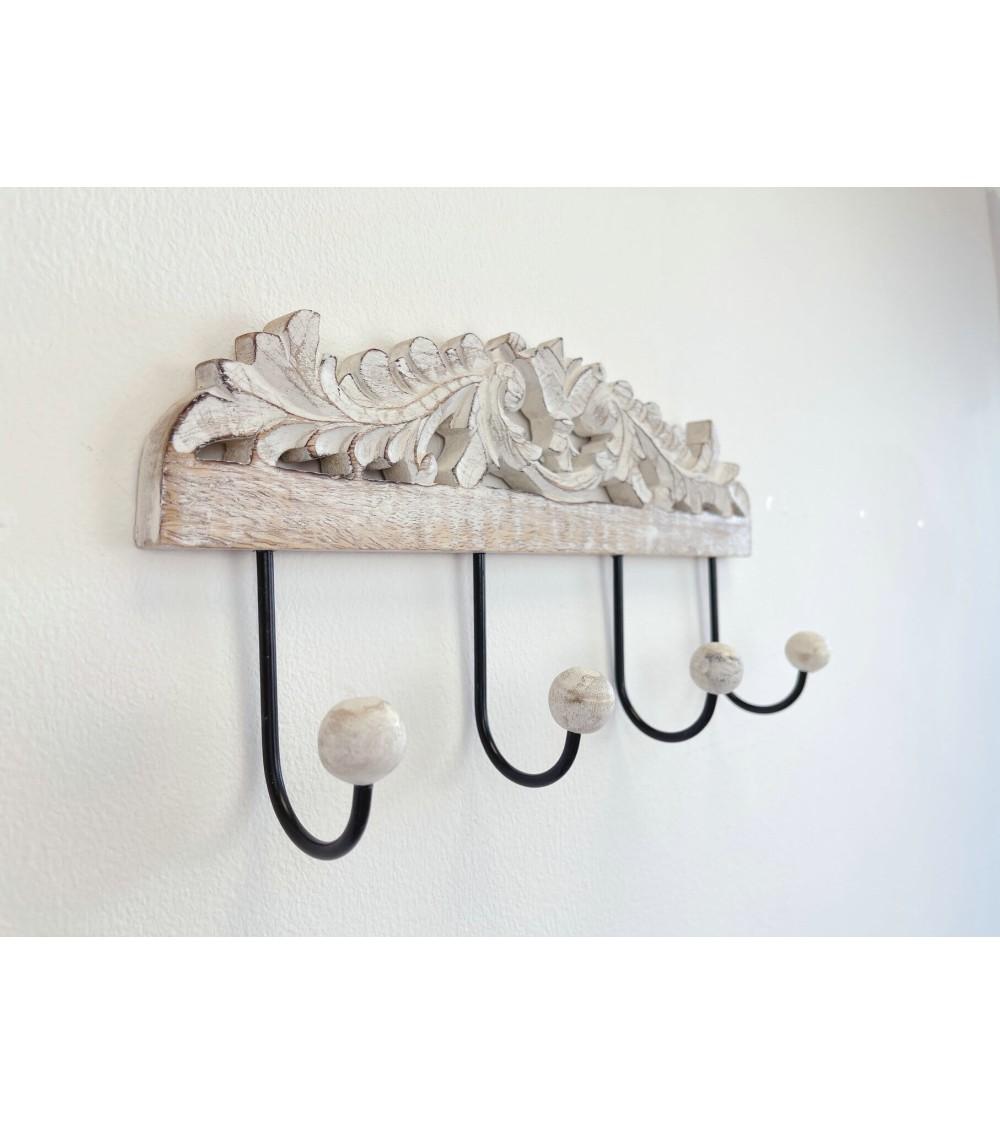 Dcasa Perchero De Pared Mango Tallado A Mano Decape Blanco 4 Colgadores Metal