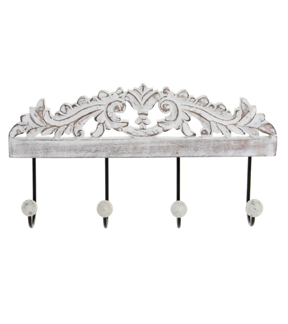 Dcasa Perchero de pared mango tallado a mano decape blanco 4 colgadores metal