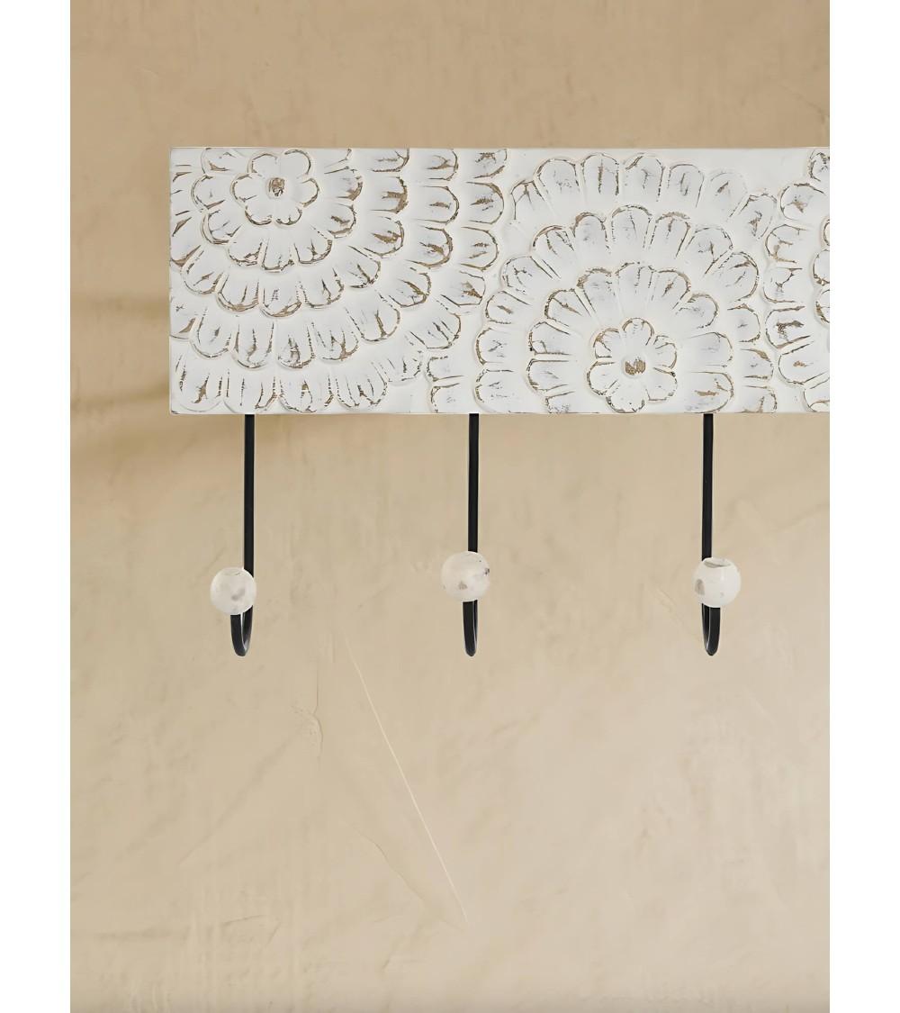 Dcasa Perchero De Pared Mango Tallado A Mano Flor 4 Colgadores Metal