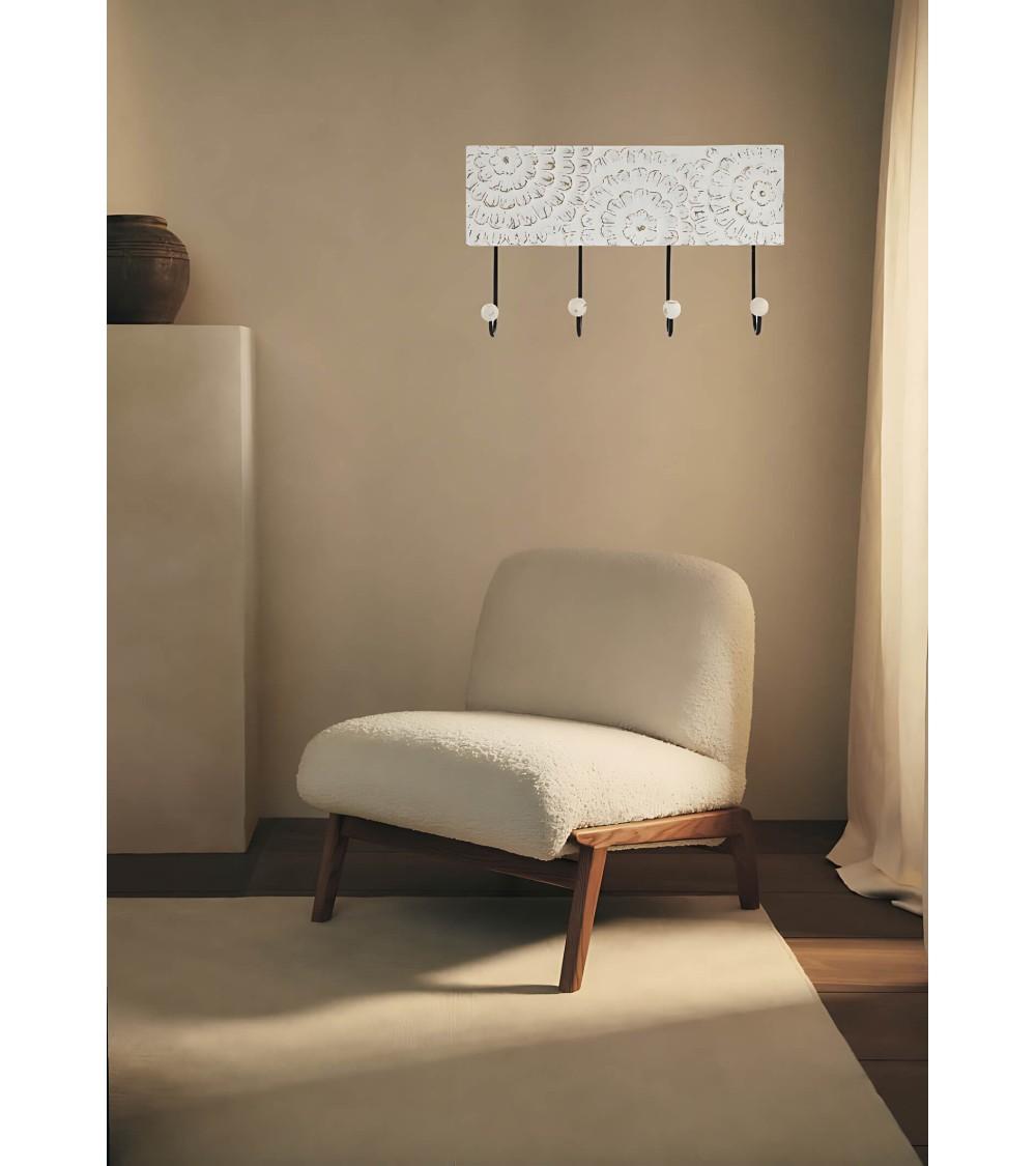 Dcasa Perchero De Pared Mango Tallado A Mano Flor 4 Colgadores Metal