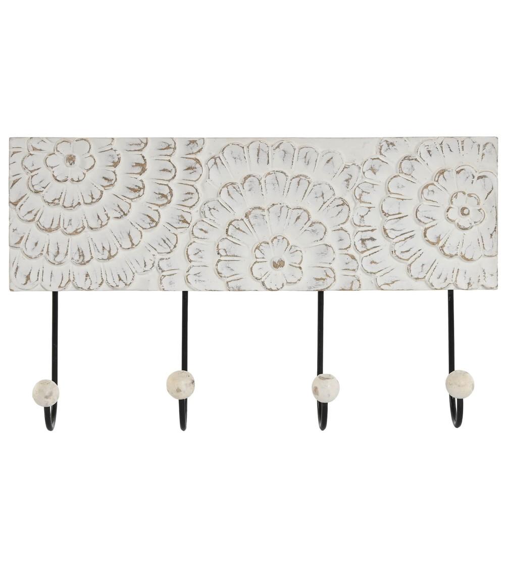 Dcasa Perchero de pared mango tallado a mano flor 4 colgadores metal