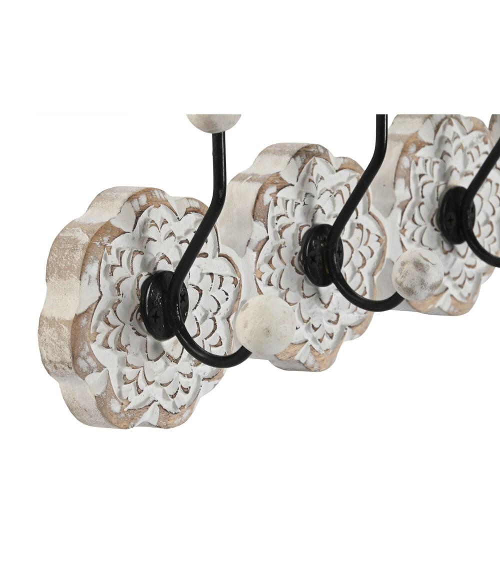 Dcasa Perchero De Pared Mango Tallado A Mano Flor Blanco 8 Colgadores Metal
