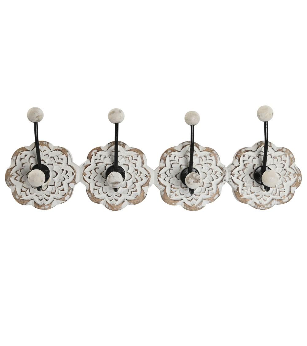 Dcasa Perchero de pared mango tallado a mano flor blanco 8 colgadores metal