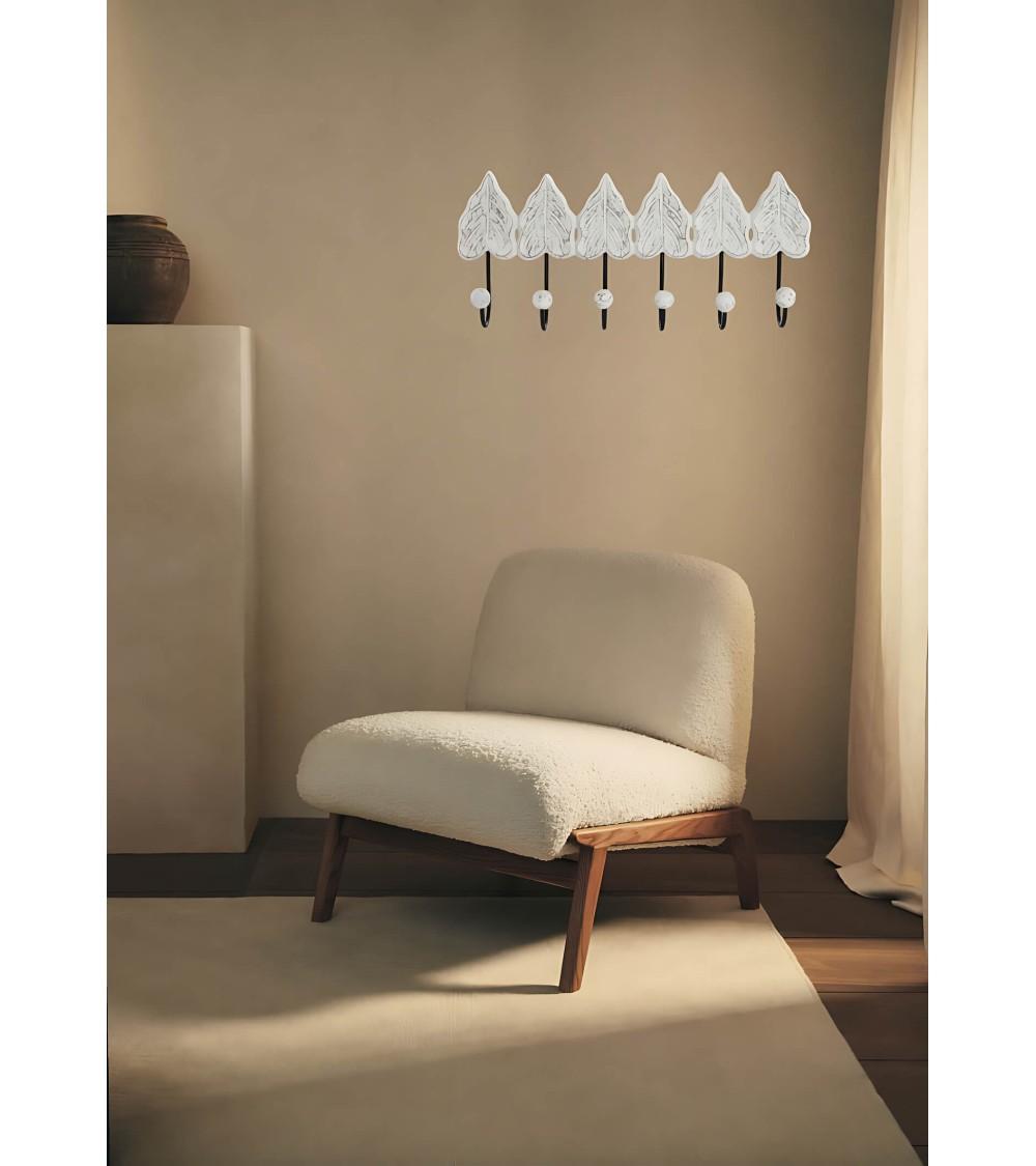 Dcasa Perchero De Pared Mango Tallado A Mano Hojas Blanco 6 Colgadores Metal