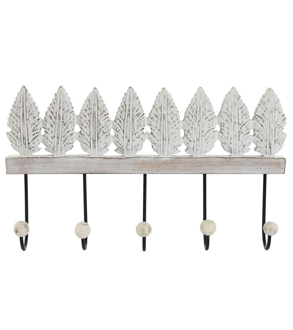 Dcasa Perchero de pared mango tallado a mano Hojas blanco 5 colgadores metal