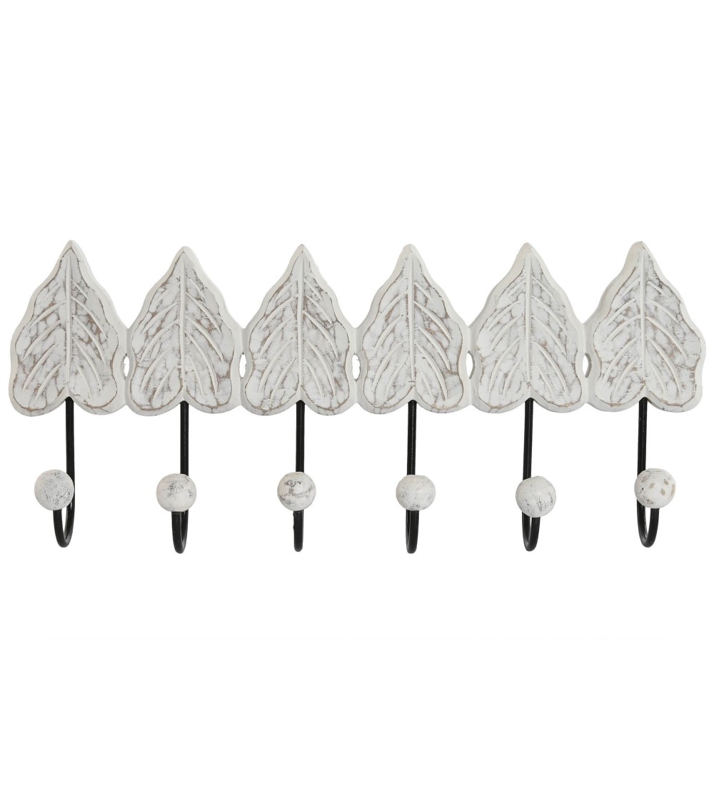 Dcasa Perchero de pared mango tallado a mano Hojas blanco 6 colgadores metal
