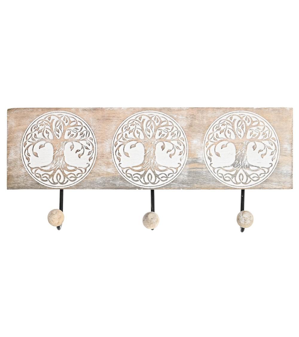 Dcasa Perchero pared 3 colgador madera tallada arbol de la vida 38x5x16 cm