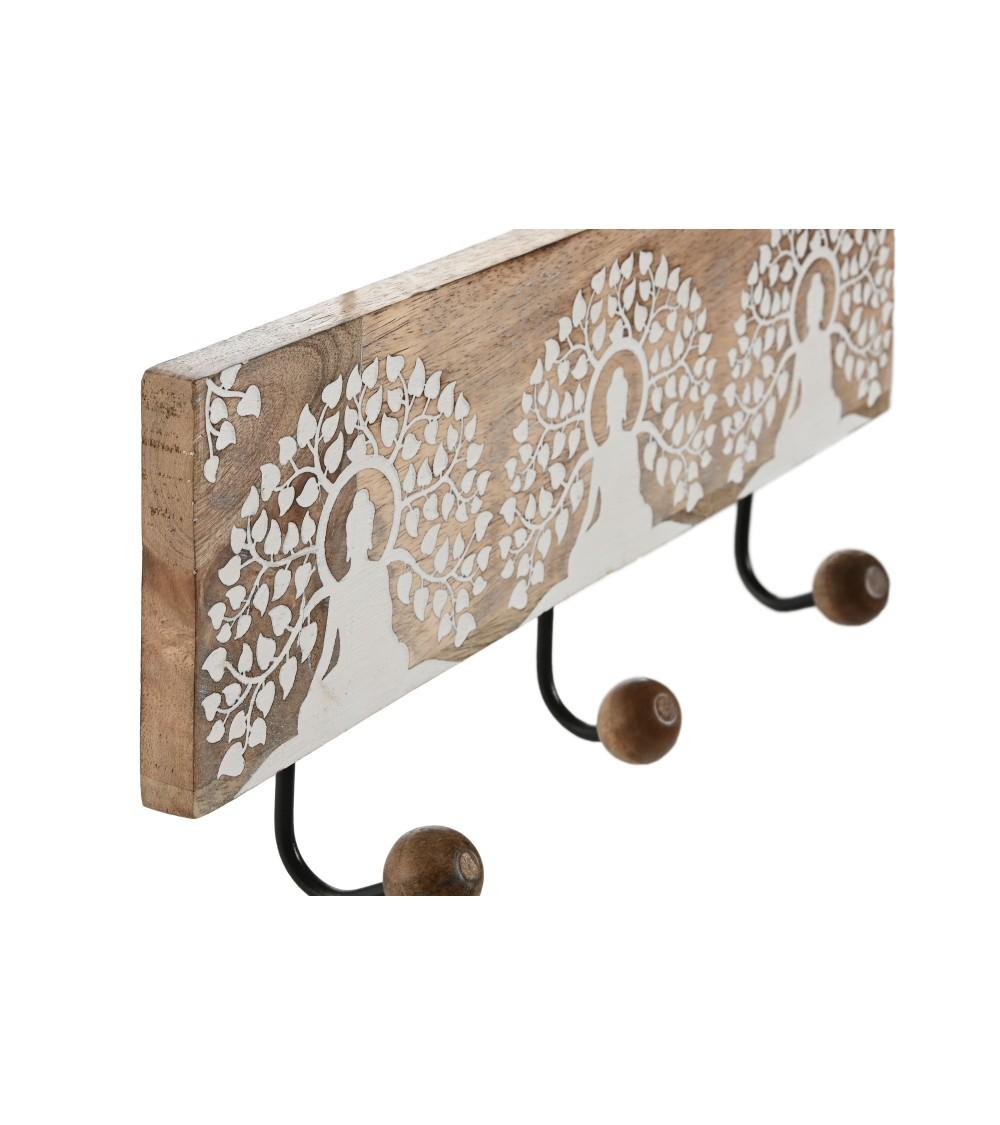Dcasa Perchero Pared 3 Colgador Madera Tallada Buda Blanco 38x5x16 Cm