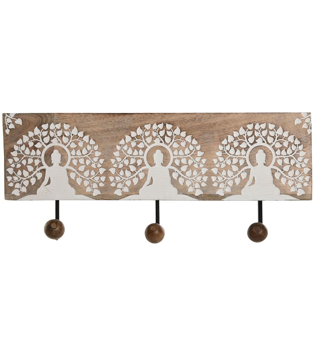 Dcasa Perchero pared 3 colgador madera tallada buda blanco 38x5x16 cm