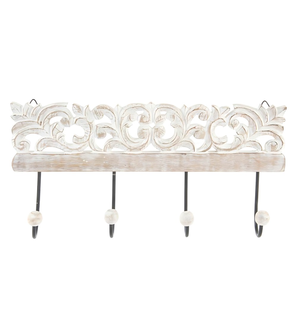 Dcasa Perchero pared 4 colgador madera tallada de 40x18 cm